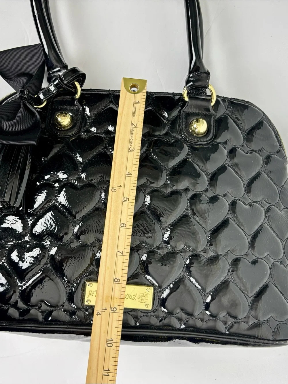 Betsey Johnson Black Quilted Heart Satchel Purse Bow Tassel Charm Glossy Patent